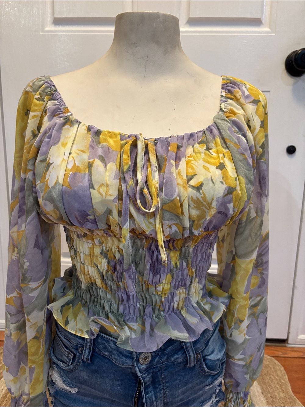 Lina Yellow & Lavender Floral Smocked Peasant Blouse Size Medium